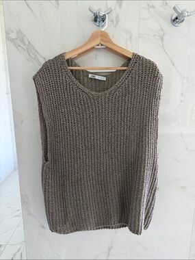 Zara Taupe Open-Knit Crewneck Sweater